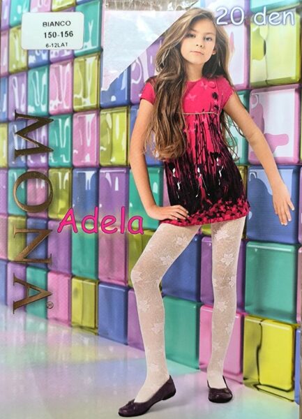 Zeķubikses meitenēm ar rakstu ADELA,  20 den, baltas ar maigi rozā ziediem 